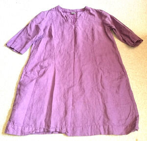 Womens Dress-LEN OK-LO-purple 100% linen shift Lagenlook pockets 3/4 slvs-M